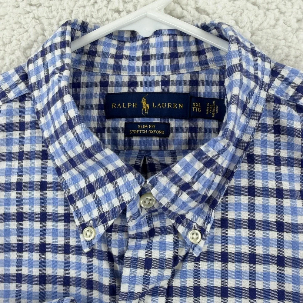 Ralph Lauren Shirt Mens 2XL Blue Check Slim Fit Stretch Oxford Button Down Pony